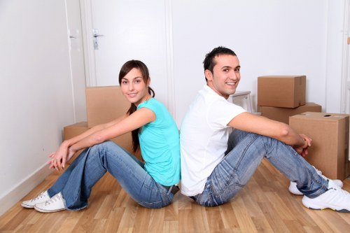 Professional movers carrying boxed household items